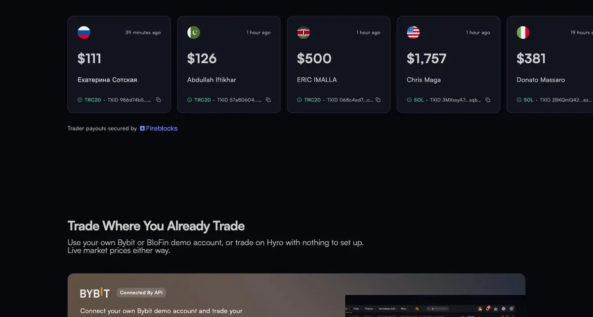HyroTrader's live payout feed showing recent trader payouts of $111, $126, $500, $1,757 and $381 with TRC20 and Solana transaction IDs, timestamps from 39 minutes ago, and the line Trader payouts secured by Fireblocks